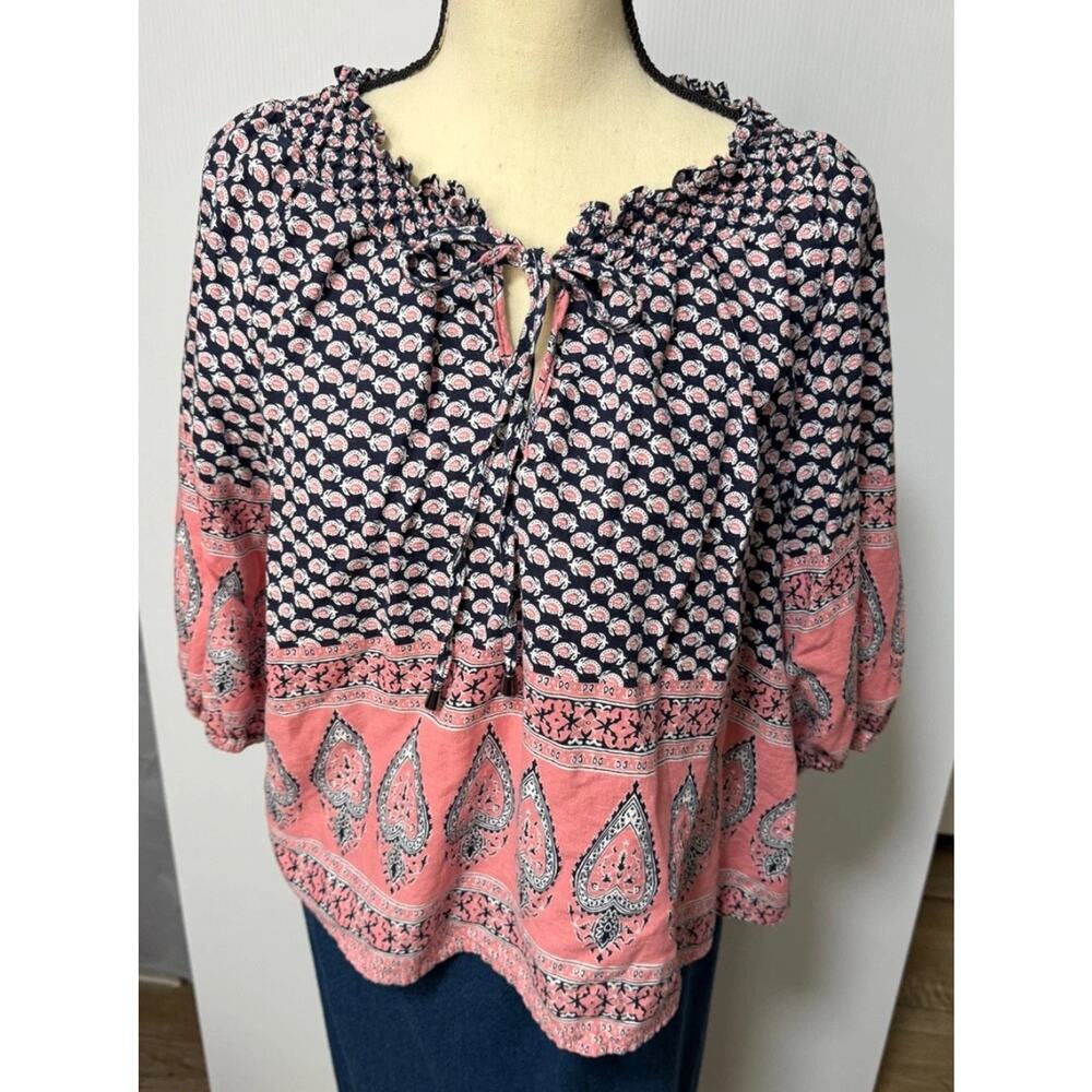 C & C Californa Boho Peasant Top Linen Blend Coral Paisley Relaxed Sz Small